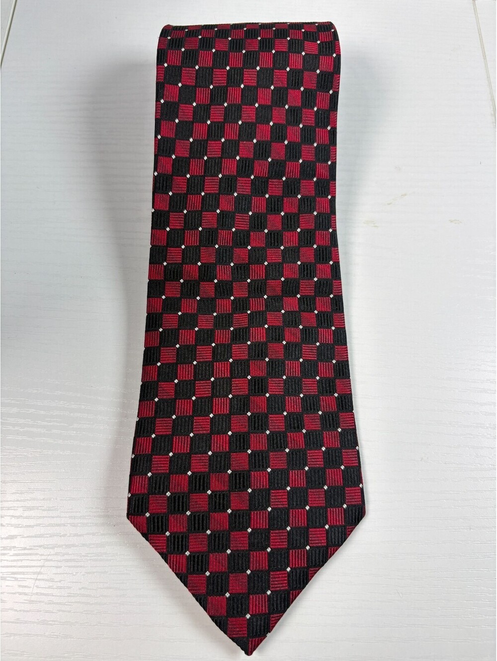 Pierre Cardin Mens Silk Necktie Red Black Checkerboard Geometric Print Tie